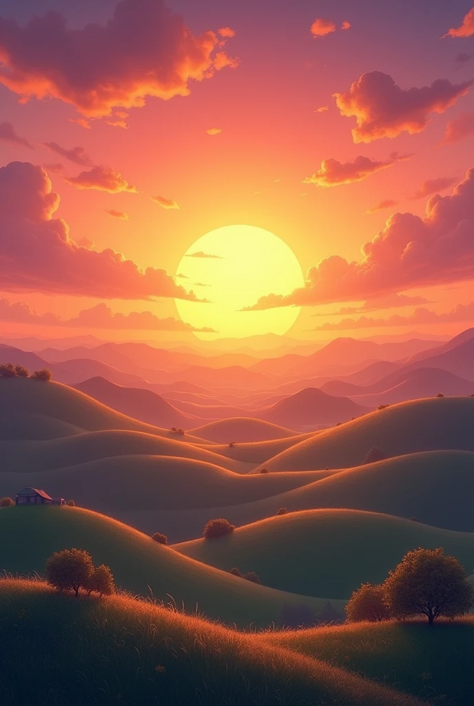 "A colorful sunrise over rolling hills, creating a sense of hope and new beginnings."