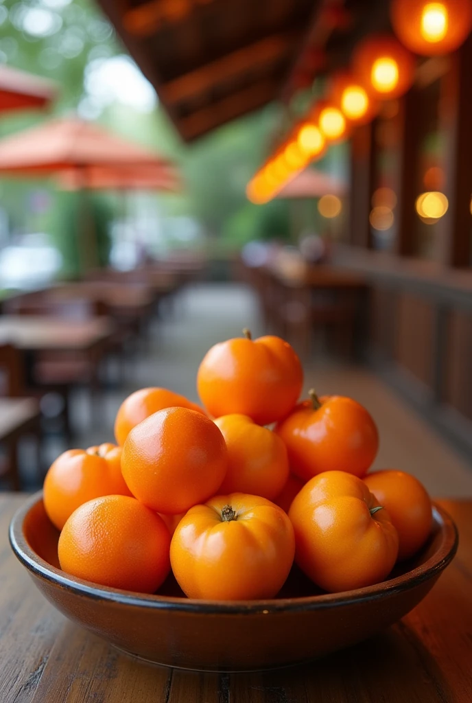 Mandarin fruit that the photo has a restaurant in the background and that the photo looks as if it had been taken from a cell phone with a camera