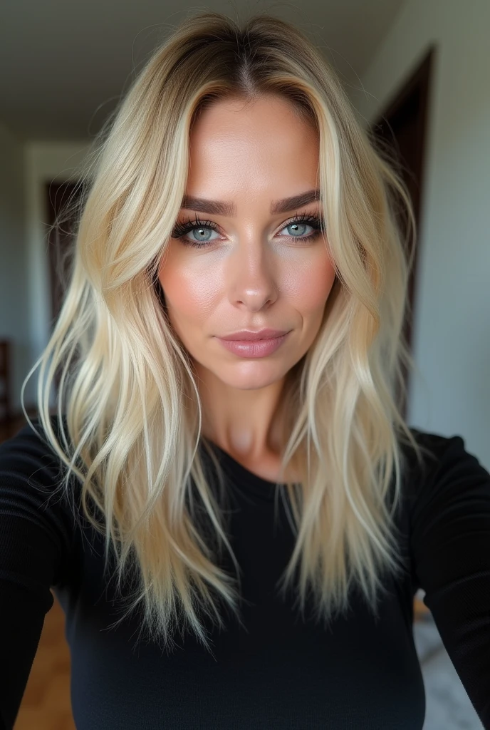 Selfie, Wink, süße Babyface-woman, attractive and seductive expression, Shy, blonde straight hair, forehead, The picture, blue eyes, Excellent body proportions, with Tätowierungen bedeckt, wears loosely knitted shirt, tight-fitting leather trousers, highheel stiefel bob hair with lots of blonde strands, pointed nose, bleached blonde bob hair, 4, lifted face, Nose for Plastic Surgery, Vampir-Lifting, Pores on the cheeks, broad nasal bone, Eye wrinkles, small laugh lines, Hautpo, Pointed cheekbones, HIGH CHEEKBONE, Almond eyes, Schmale Almond eyes, Smokey Eyes Make-up, Vamp Make-up, Subscribe to something, brownish skin, Surgical lips, detailed face details (freckles, folds, Hautpo) Full body image of (woman, stand, with, Arms crossed,little smile), (Detailliertes Realistses Gesicht), (((Hyperdetailed))), symmetrical face, detailed students, expressive make-up, Real photography, modern look, Real photography (Realists:1.5); She wears various sexy colorful dresses, Bold dark eye makeup Vamp Mascara, long black dark eyelashes, sitting in the living room, Show hips, Confident Pose, dominant woman , black eyeshadow, spectacular show make-up, Image grain, pixel grain, high contrast, Hips posing, sexy hips, Full body shot, long legs, sexy legs, large , large , busty, She presents her body cheekily, provocative for the viewer, sexy attitude, pussy:1.9, vagina:1.9, clitoris:1.9, (small pussy:1.5), (modern office background:1.3)、Golden blonde long hair、(High Heels), (Seductive pose:1.2) professional photo, HDR, Natural light, (Anti-aliasing:1.2), elegant, soft, diffuse light, Realistssch proportions, limited range, Contre-Jour, Accent Lighting, (Neutral Colors:1.3), (Cough:1.7), cinematic lighting, coherent light, coherent shadows, depth of field, 35mm Photography, epicPhoto, ((naughty slut:1.5)) ((Whore in tight skirt: