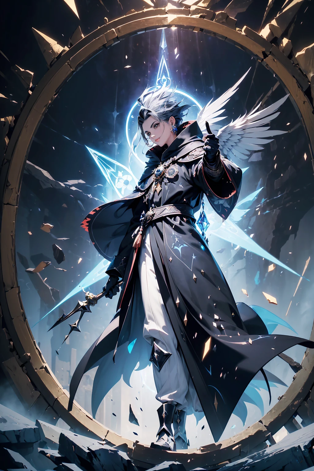 (((Epic illustration of a portal-creating wizard))), black coat, neck with plumage, sleeves with plumage, coat with arcane patterns, (earring in right ear), dark staff. (((masterpiece, 8k, HD))), ((camera from below)), (Camera looking from the left).