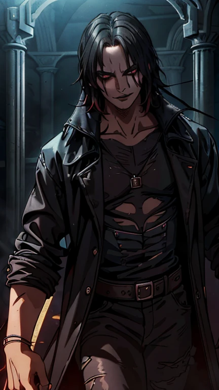 (1boy, a man, The Crow), (extremely detailed CG unit 8k wallpaper),(master part), (best quality), (ultra detail), (best illustration),(wanostyle), cowboy shot, (Sharp eyeliner, ombre, detail eyes), dark dungeon interiors background, ,break , (vamptech), make up