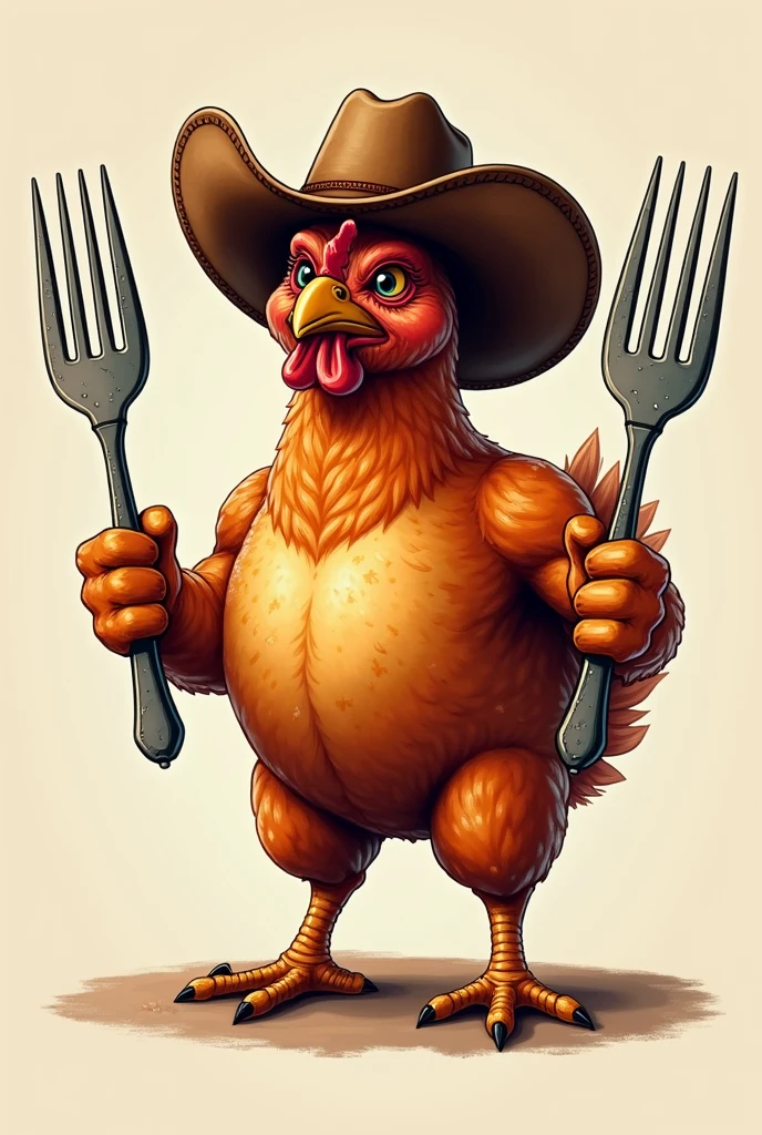 Roasted chicken with cowboy hat and forks simulating weights to create a logo