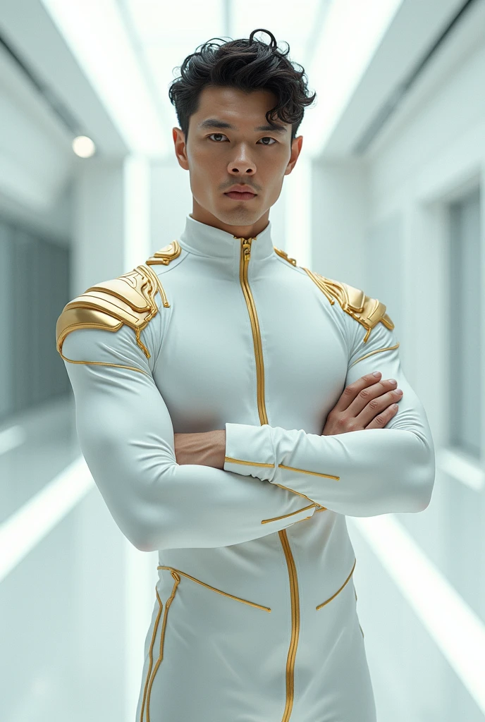 Man with short curly hair, White skin, grey eyes, defined and athletic body, White sci-fi clothing with gold details., wait, safe,