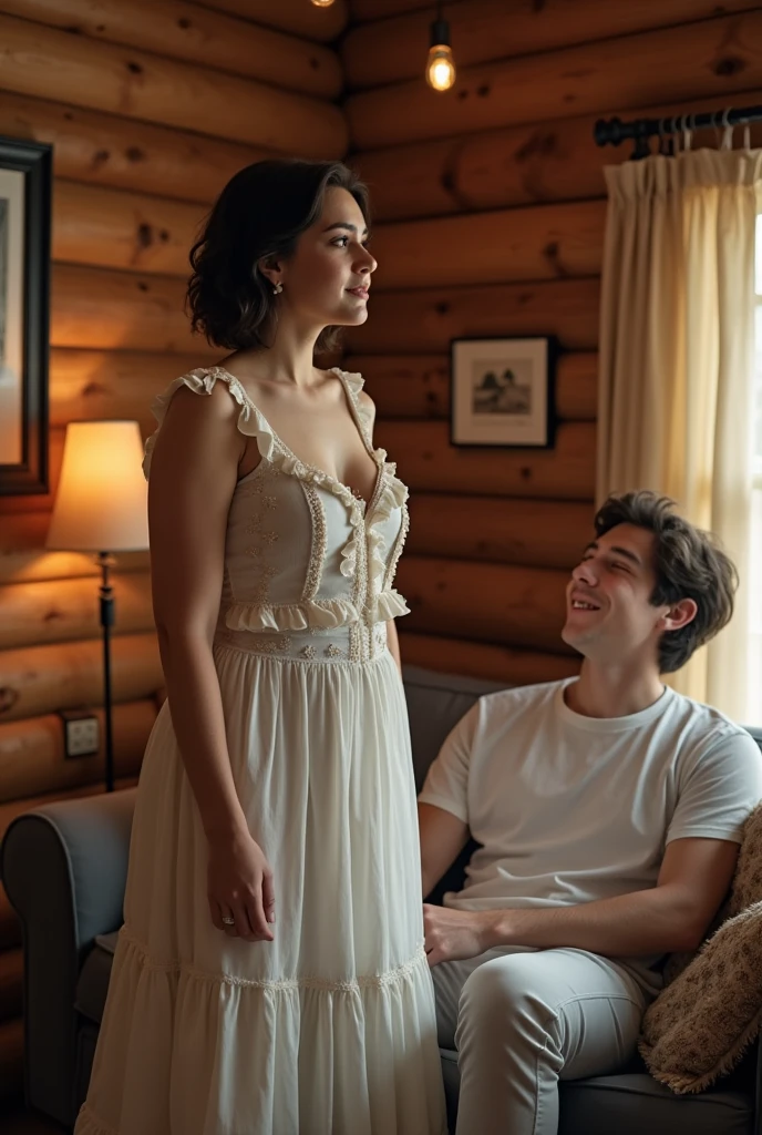 Photo of sexy 3 short brown hair woman, size 40DD for large breasts,. She wears a short white dress with ruffles and details of stars and planets, It is modeled standing up on a 20-year-old boy, he smiles at her, He is sitting looking at her on the couch inside a small wooden cabin
