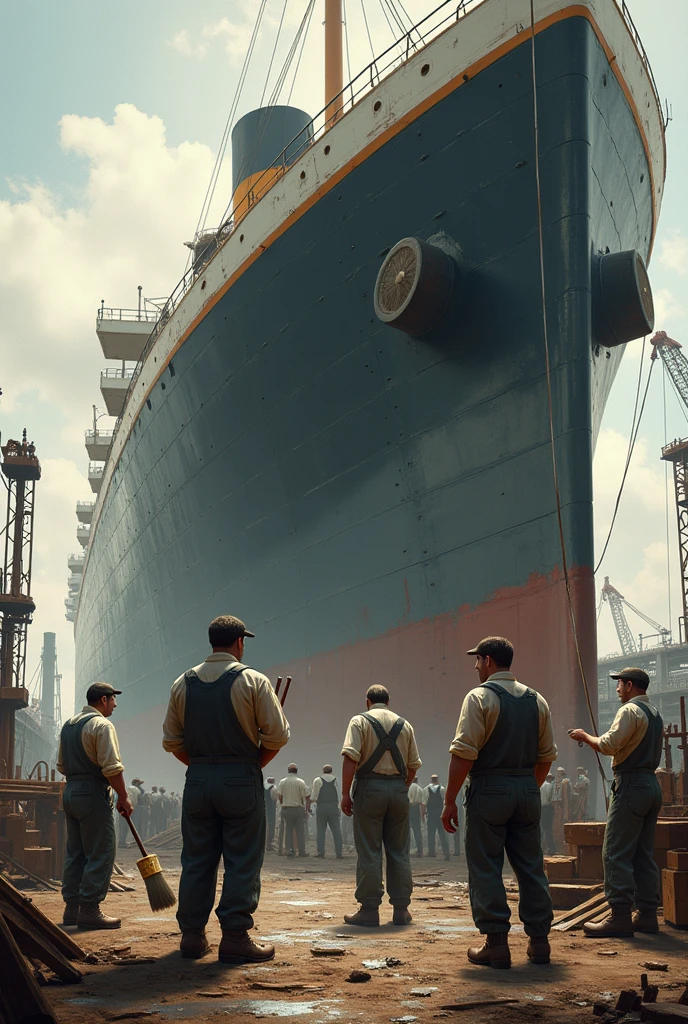 Several men working and painting the Titanic