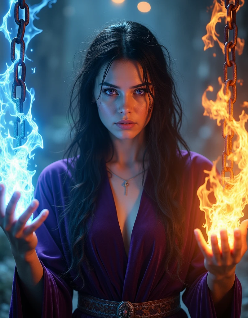 photo of a sorcerer casting magic, the left hand grasp a massive chain with ice effect, right hand grasp a massive chain with fire effect, she wearing a dark violet tunic made from velvet, she has long messy black hair and purple eyes, the chain is floating in the air, cinematic lighting, vidid light