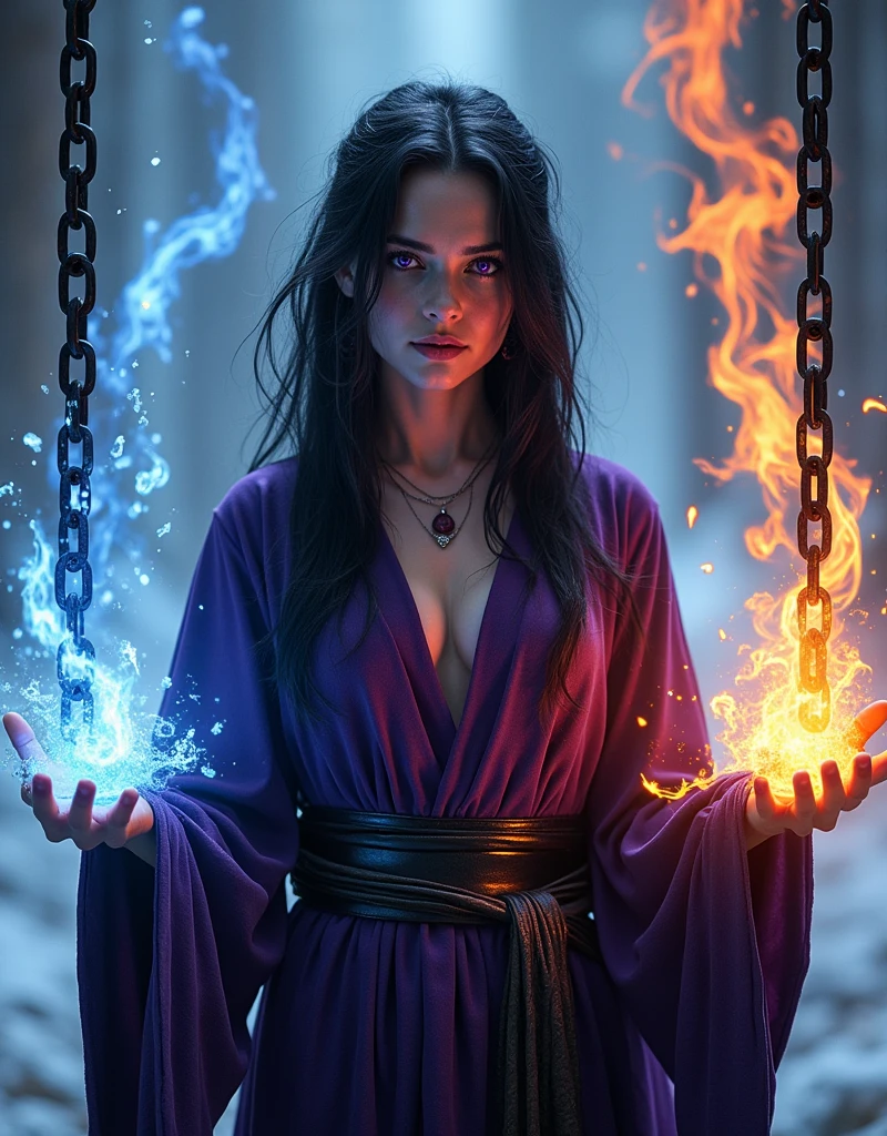 photo of a sorcerer casting magic, one left hand is a massive steel chain with ice effect, right hand is a massive steel chain with fire effect, she wearing a dark violet tunic made from velvet, she has long messy black hair and purple eyes, the chain is floating in the air, cinematic lighting, vidid light, Powerful Movement、jump on prey、((Dynamic Jumps))