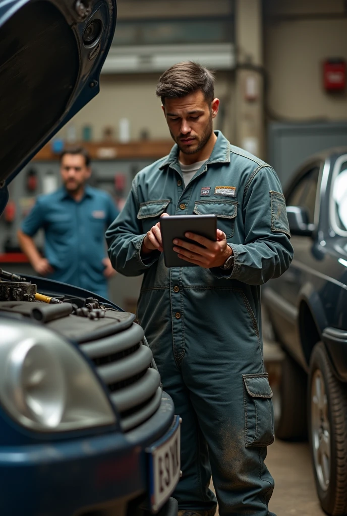 With a tablet  in hand, a young mechanic man looking at front side