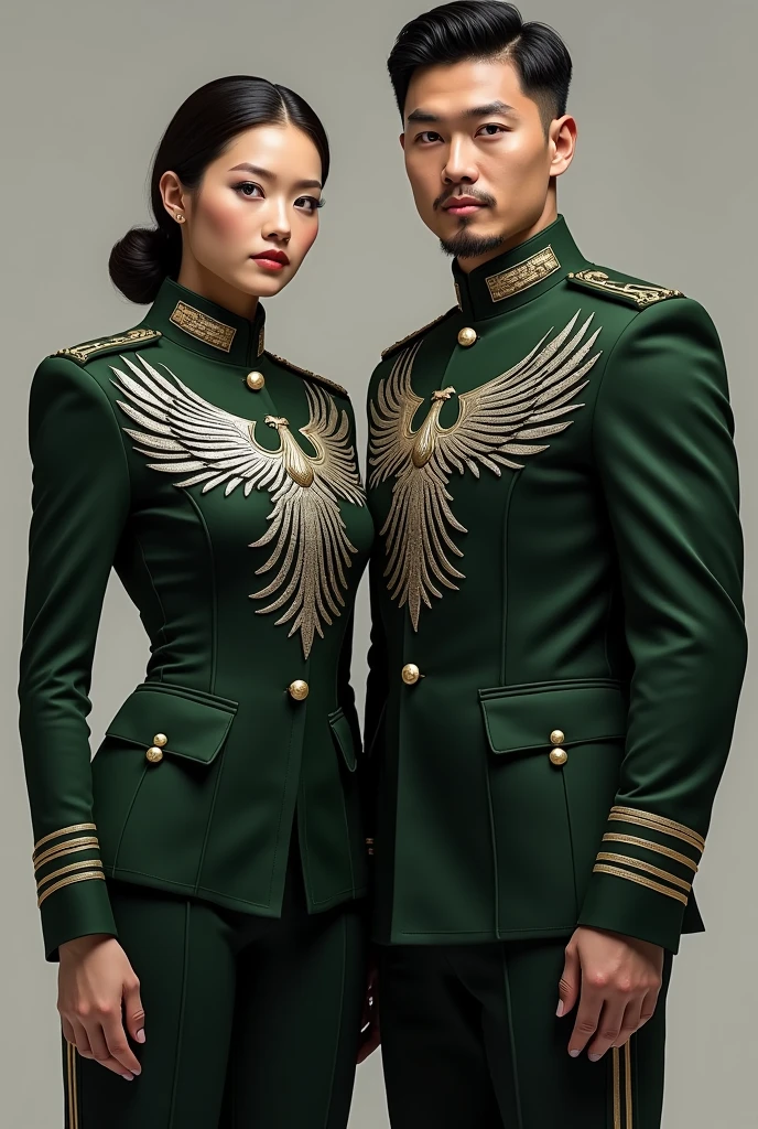 Generate an image of Generate an image of a man and woman&#39;s caporal costume with the phoenix in black, green and silver. corporal 