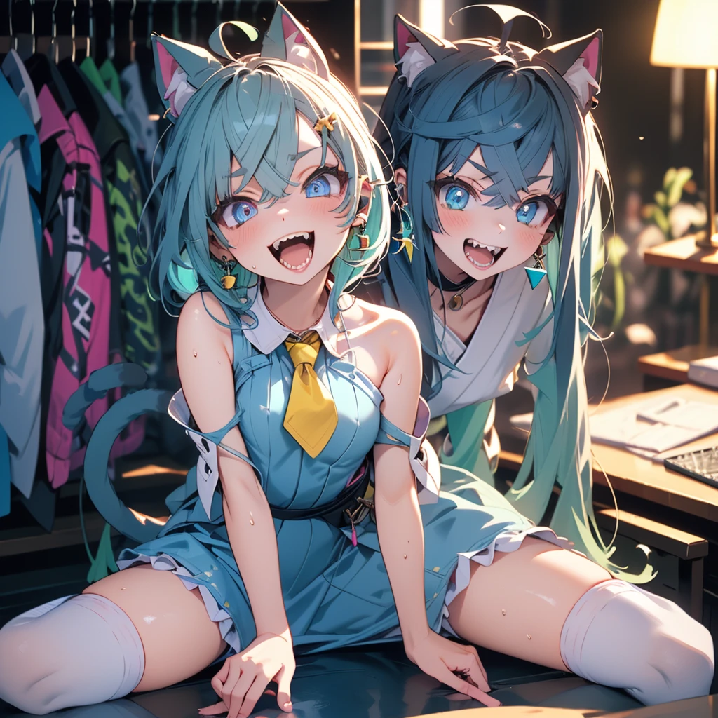 nsfw,ffm,Two Girls,On all fours,panties,penis,blowjob,Long Tongue,Nipples,Light blue hair,顔の前にペニス,Light pink hairstyles，Cat ear，Pink Eyes，light blue lolita，White socks，,Pink ribbon,Laughing with your mouth open,Best image quality,Highest quality