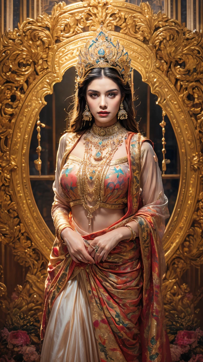 ((Best quality, 8k, Masterpiece :1.3)), Sharp focus :1.2, Generate a realistic image of a beautiful sexy Indian woman plus size body: 8.5 (masterpiece like a princess) (body like divine girl) dressed divine clothes white skirt and print v neck blouse + belt, adorned with traditional ornaments, standing in a well-lit room with cinematic lighting. ((Front view, random elegant pose)), and there is a sense of grace and elegance in her posture. The background should complement the scene, enhancing the overall aesthetic appeal of the image. Photography by Brandon Woelfel, Full shot: Canon EF 16-35mm f/2.8L III USM lens on a Canon EOS 5D Mark IV camera, ultra realistic, 32k, HD