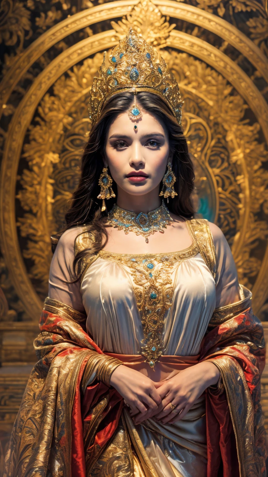 ((Best quality, 8k, Masterpiece :1.3)), Sharp focus :1.2, Generate a realistic image of a beautiful sexy Indian woman plus size body: 8.5 (masterpiece like a princess) (body like divine girl) dressed divine clothes white skirt and print v neck blouse + belt, adorned with traditional ornaments, standing in a well-lit room with cinematic lighting. ((Front view, random elegant pose)), and there is a sense of grace and elegance in her posture. The background should complement the scene, enhancing the overall aesthetic appeal of the image. Photography by Brandon Woelfel, Full shot: Canon EF 16-35mm f/2.8L III USM lens on a Canon EOS 5D Mark IV camera, ultra realistic, 32k, HD
