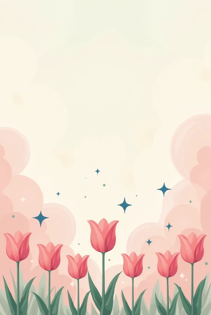 I want a row of pink 2d tulips having three petals as well as green leaves and dreamy pinkish clouds above it. Also add four handed stars with a blue sky. Make clouds more dreamy and like drawing and the tulips lighter.