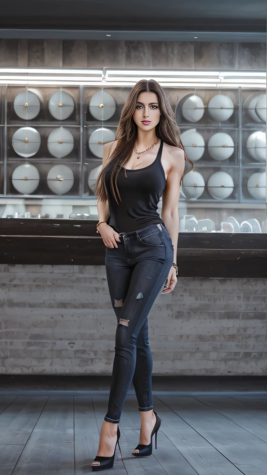 Highest quality, masterpiece, Photorealistic, 8k, 4K, Ultimate resolution, Ultra HD, Dynamic Lighting, Authentic lighting, ((Super beautiful woman))、Thin but muscular、Big Breasts、Big Ass、Super long brown hair、Wearing a necklace、170cm tall and great style、Wearing slim jeans、Wearing black high heels、Black Tank Top、