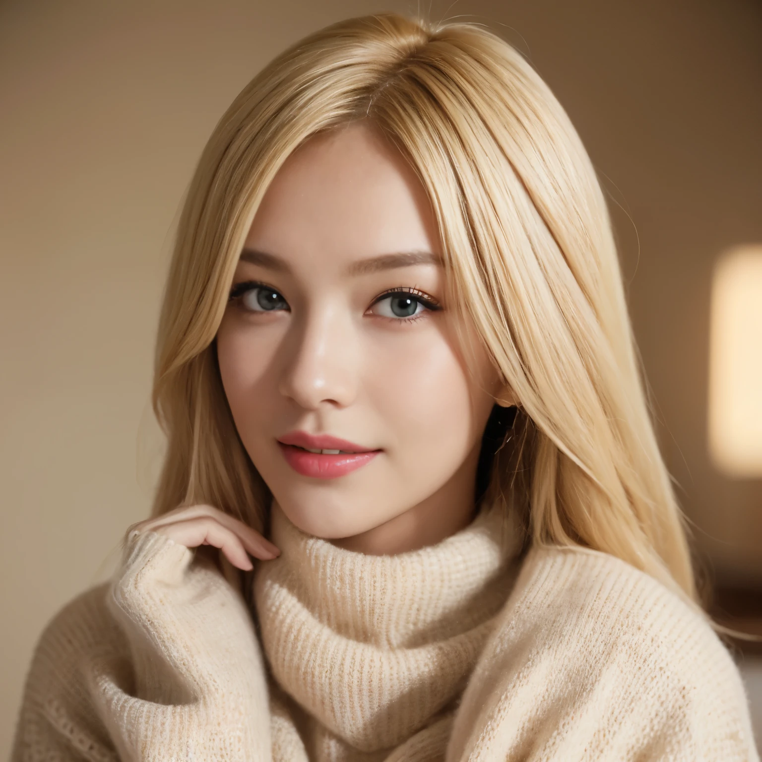 Portrait of a blonde model wearing a warm designer sweater, Brand clothing style, The sweater is completely exposed,  GH5, Happy expression, Low key image, Clear Texture - Image #2 @Slim Slim