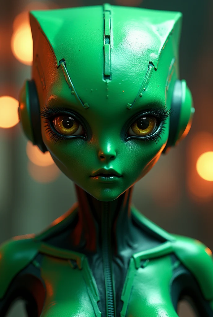 a android alien, square face, tv shape, tesseract head shape, green skin, (best quality,4k,8k,highres,masterpiece:1.2),ultra-detailed,(realistic,photorealistic,photo-realistic:1.37),highly detailed face, beautiful detailed eyes, beautiful detailed lips, extremely detailed eyes and face, long eyelashes, hyper detailed, intricate details, stunning, cinematic lighting, dramatic shadows, vibrant colors, dynamic composition, science fiction, digital art