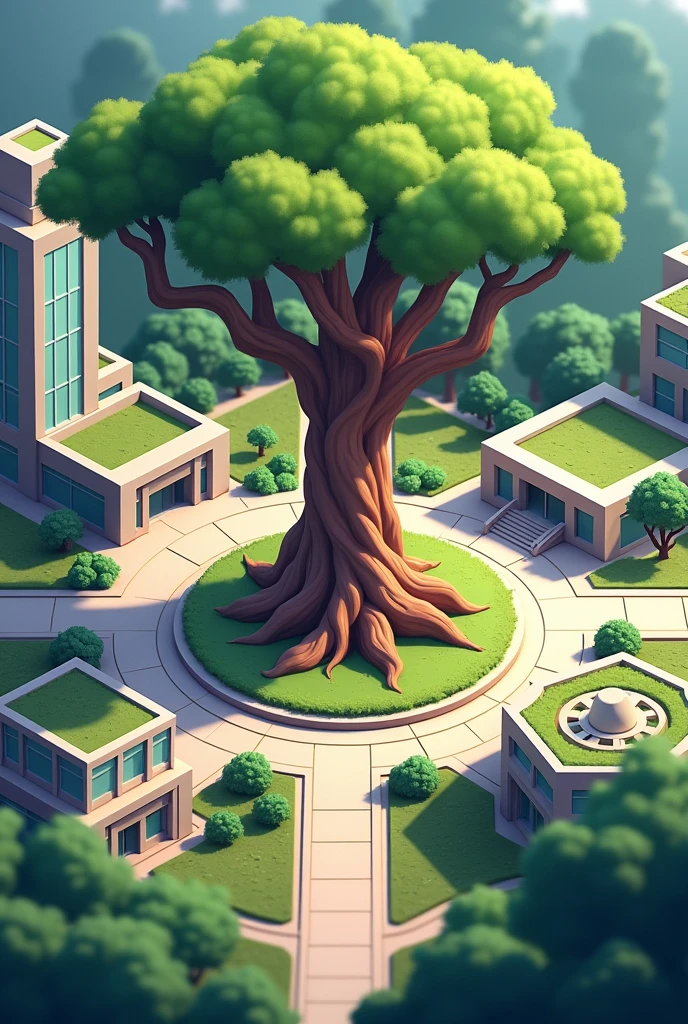Resource for isometric game kingdom rush style. Shows the center of a community, without people, It is a circular plaza with a giant tree in the middle., symbolizing growth and unity. There are public buildings around, such as libraries., learning centers and meeting spaces with a modern and technological air but subtle.