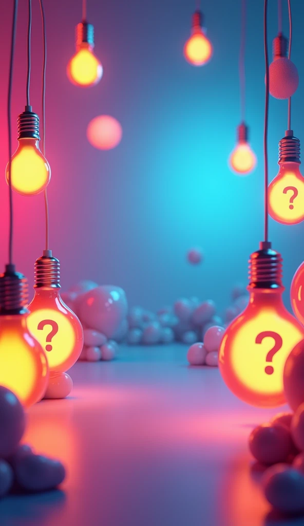 a background for a quiz video with a few light bulbs and question mark graphics around, catchy.