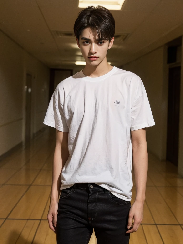 ((best quality)), ((realistic)), ((masterpiece)), (detailed), (3/4 body visable), (standing), (europan male), 20-years old male, plain black t-shirt, wearing black jeans, messy long haircut, brown eyes, school hallway, friendly pose, skinny,