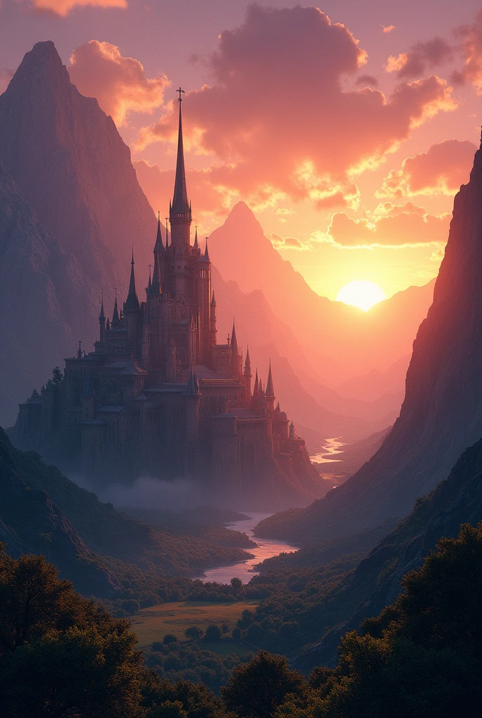 beautiful kingdom nestled between two majestic mountains at sunset. The golden sun is slowly descending behind the mountains, casting a warm, orange glow over the lush green valley. The sky is a gradient of deep purples and pinks, with soft clouds reflecting the last rays of sunlight. The kingdom's architecture is elegant, with tall spires and intricate designs, blending seamlessly with the natural beauty of the surroundings. The scene is serene, with the peaceful ambiance of a perfect evening in this enchanting place."