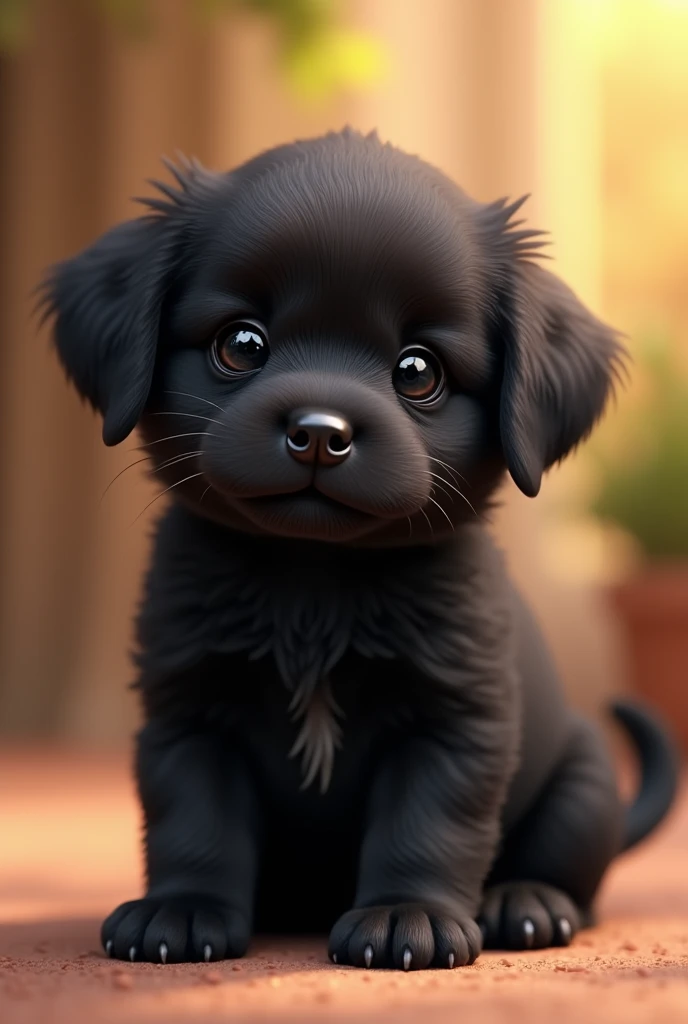 Create a cute puppy, Realistic style, little, black in color and tender looking.