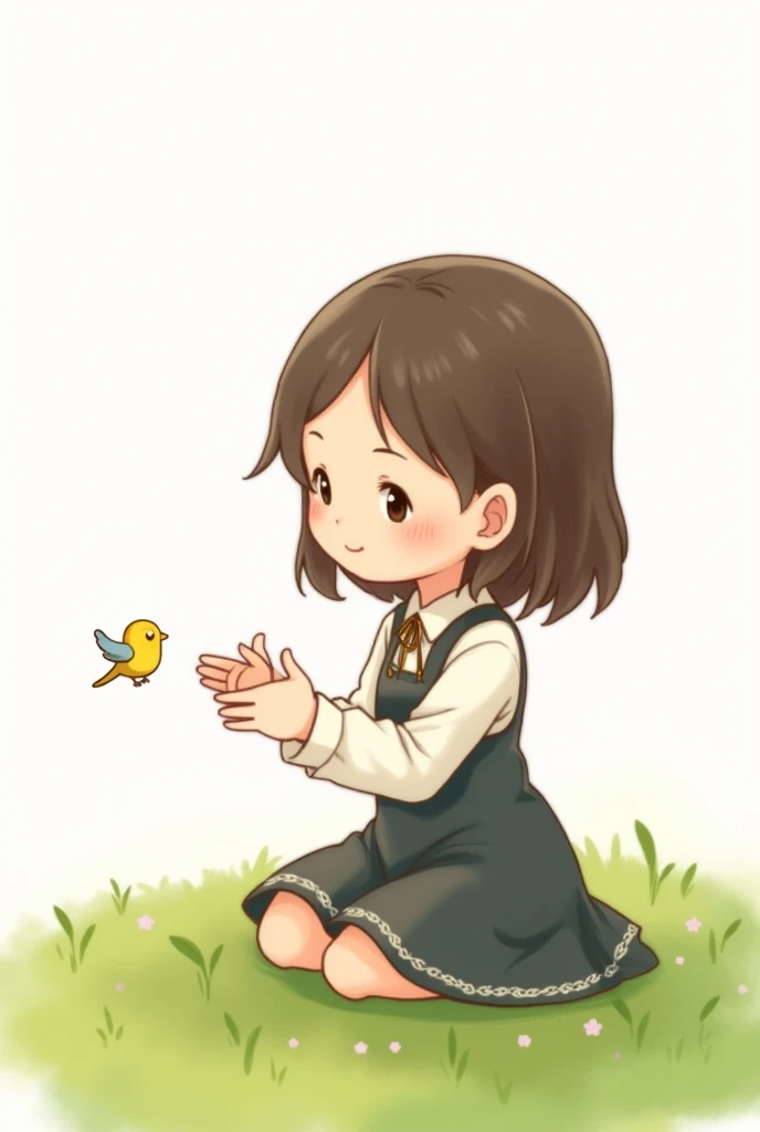 white background,cute siting on grass,she look at the little bird,rais her hands to the little bird,little bird flying,best quality,smart frock wearing the girl