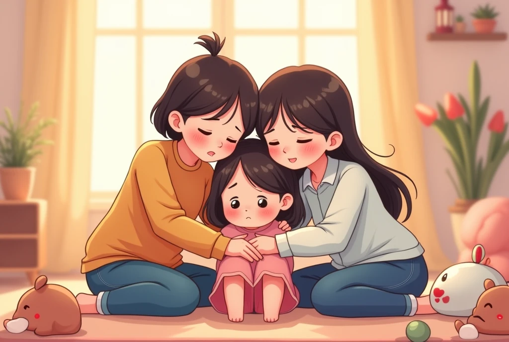 Cartoon image of parents comforting their depressed daughter, cartoon, cute cartoon, kawaii cartoon style, motherly love, cute illustration, clean anime art