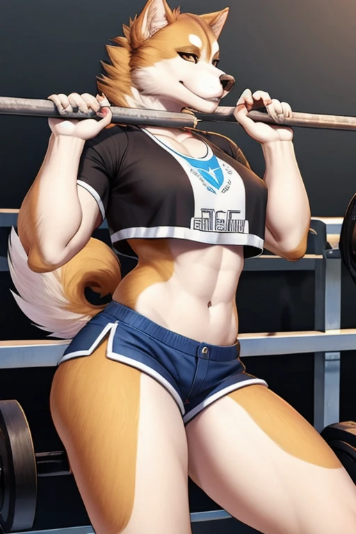 ((8K)), ((4K)), ((Mastery)), ((Beautiful)), ((best quality)), ((masterpiece)), (solo), (detailed), (hypermuscle:1.6), (huge breasts:1.4), (tall:1.2), huge ass, huge thighs, (very fluffy), perfect anatomy, detailed background, (solo), (brown fur) (fluffy fur), (blonde hair), (female), (wolf kemono:1.5), (detailed), sports bra, yoga pants, huge breasts, narrow snout, (round glasses), long hair, fluffy hair, (scar), (sapphire eyes), bimbo, gym background, (lifting weights:1.8)