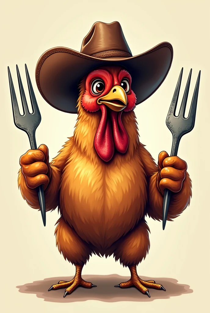 Roasted chicken with cowboy hat and forks simulating weights to create a logo