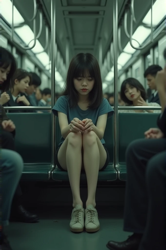 A girl with her legs open on the subway
