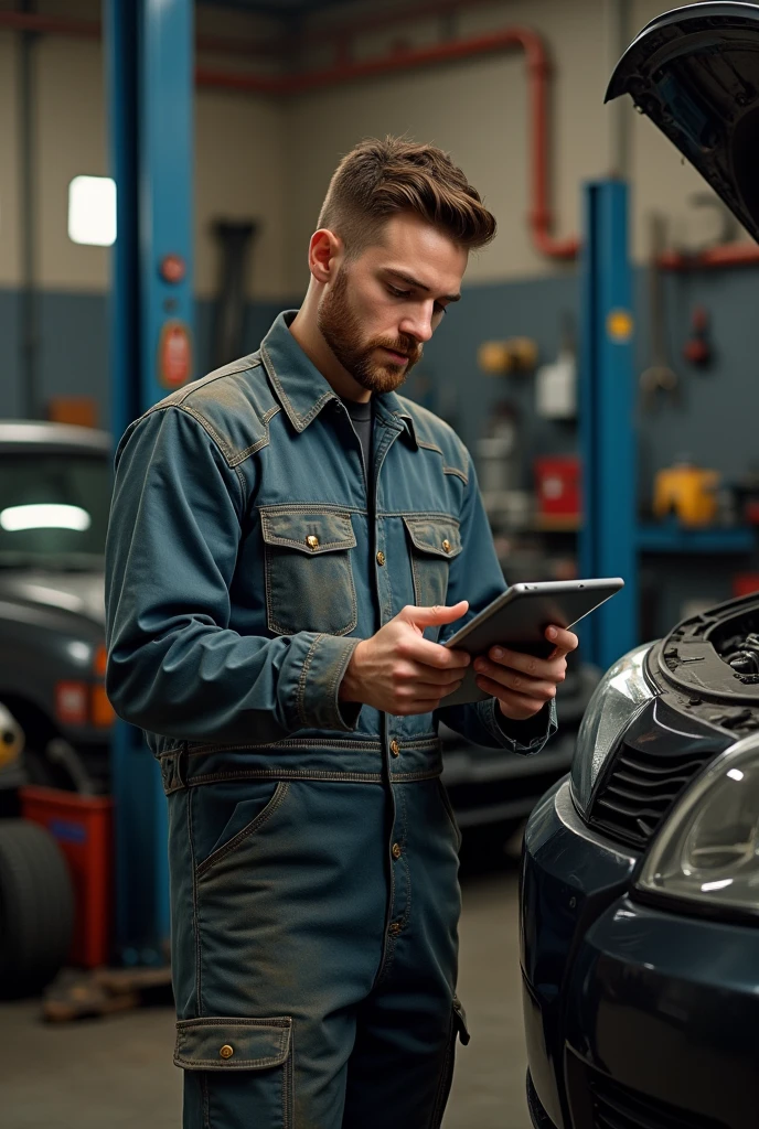 With a tablet in hand, a young mechanic man looking at front side
