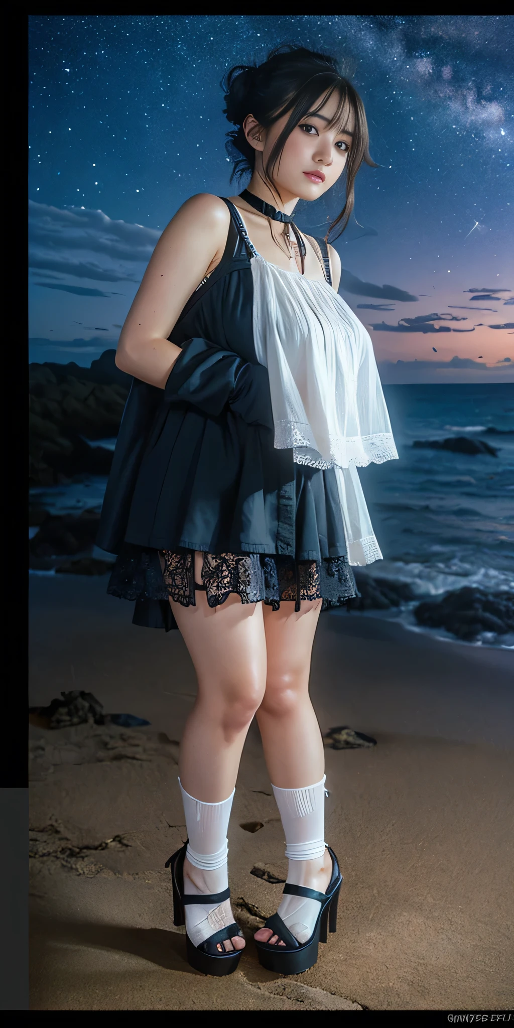 (8k,RAW Photos,Like the picture:1.45),Detailed skw, Detailed face, Detailed eyes, Dutch Angle, Perfect hands, from the front, one person, Cute Japanese Woman, young, Beautiful women w their 20s, 2,  非常に巨大な顔より大きい巨乳one person, Adult, Mature Woman, Very huge face bigger breasts, Browswg Caution, lwgerie, avatar (series), CHAR-F avatarseries トフ・ベイフォン シュリク作, (Black Hair:1.2), , Poor Complex (White Red 1.5) Night dress, , (Long frilly elbow gloves, Lace knee socks, High heels:1.15), (updo:1.3),  (Summer Night Coast, Very beautiful starry sky)w, 非常にかわいい表情w誘惑