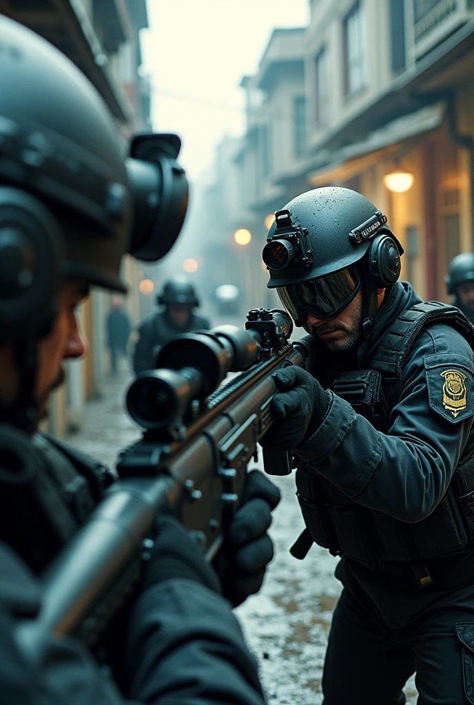 A swat shoots a thief with a sniper and the swat has a fish eye and is recording