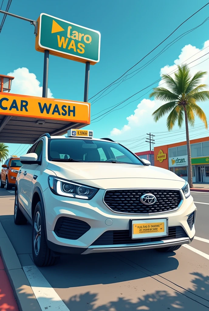 Make me a promotional image for my car wash in Spanish with the words spelled correctly that specify that we provide taxis and Uber in $110 and put the address of my business which is "on Av las Torres with Av el Pedregal right next to Kitam hardware store"