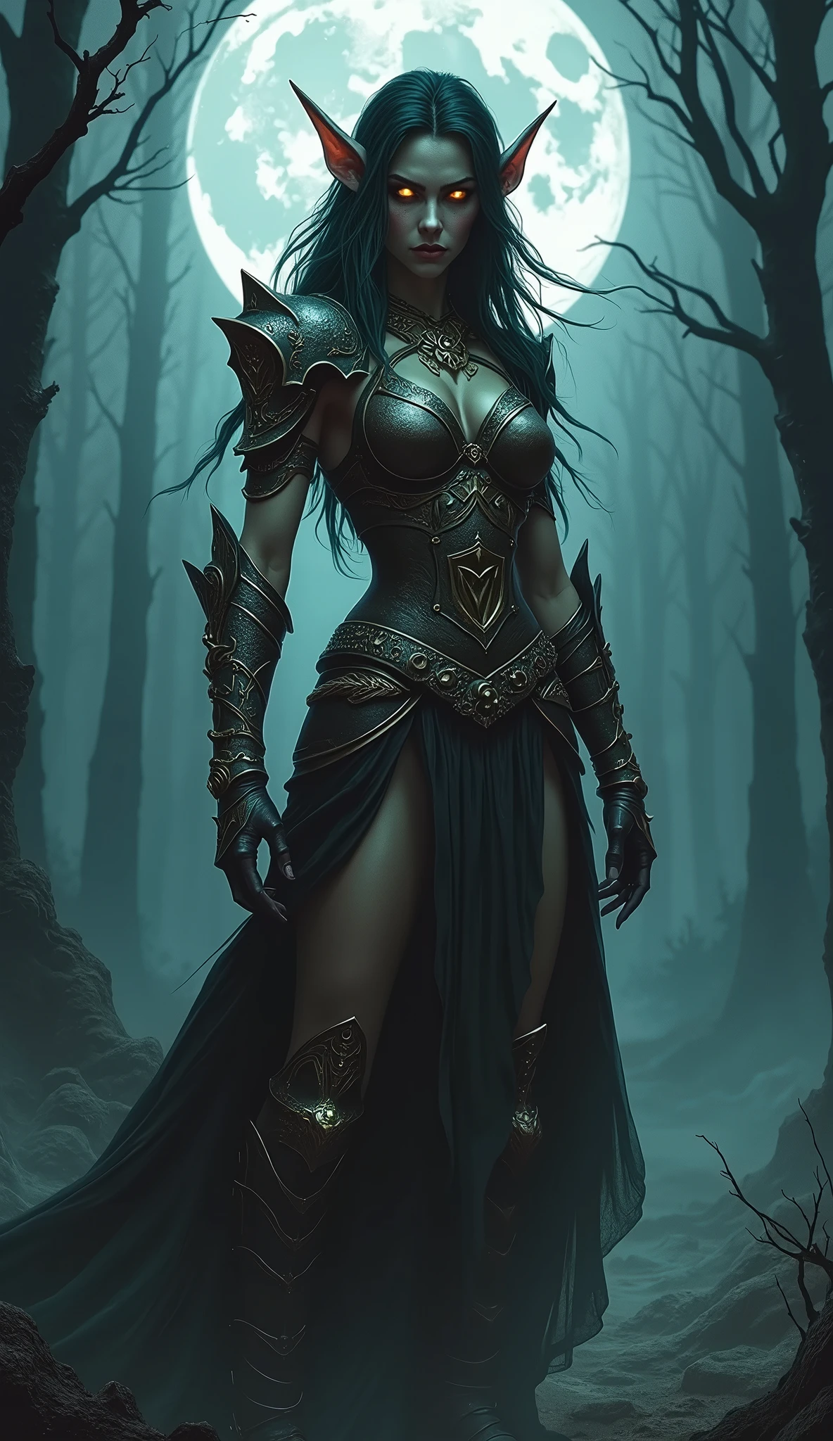 a rogue fairy woman in warrior attire and terrifying on a full moon night
