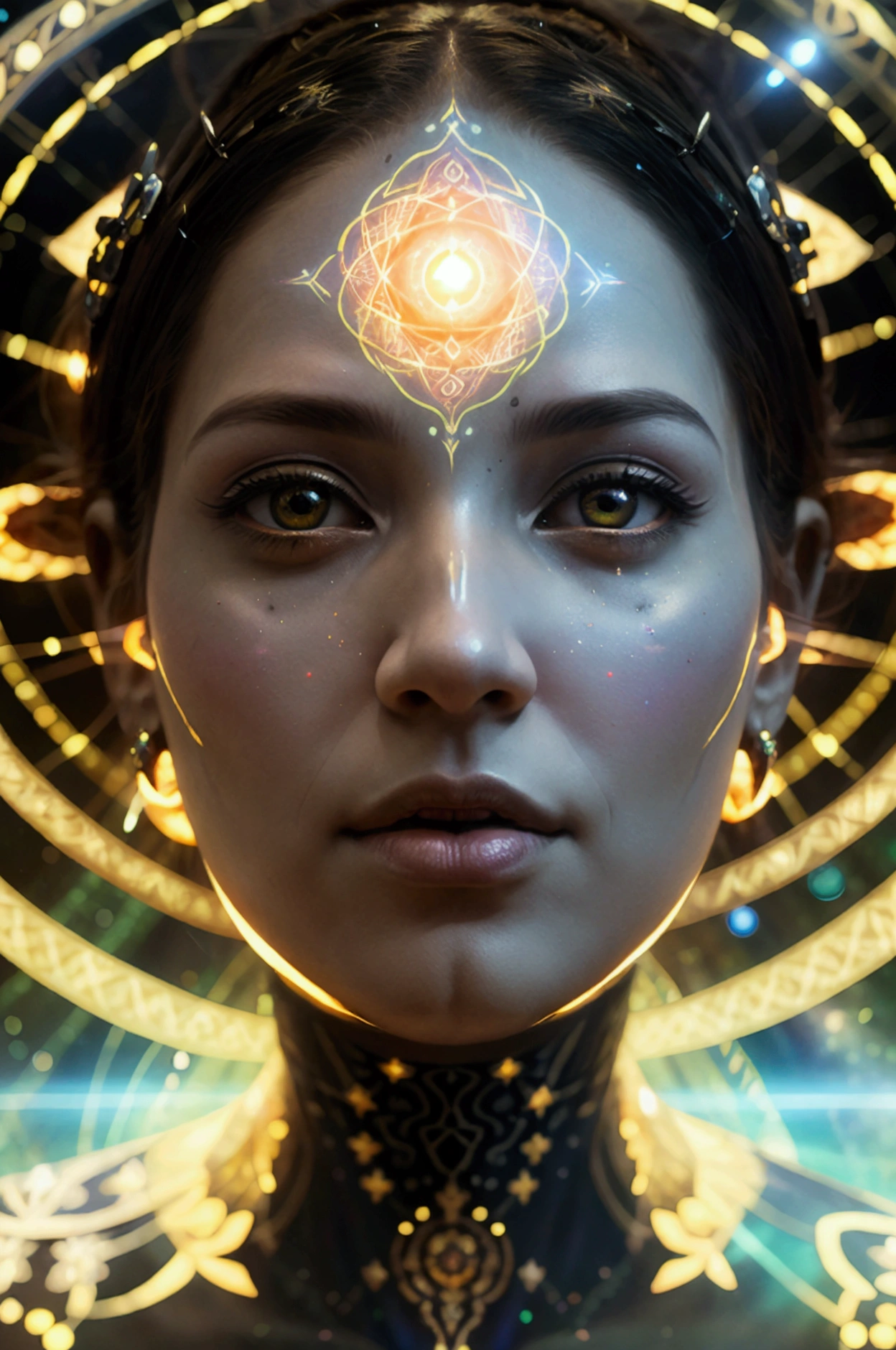 Samuel Farrand like artwork, depicting a female ultradimensional cyborg entity, ancient geometry, intricate and detailed mandala designs, animals and other life forms in a solar or space type of feel and fused along with the lights and darks of space, complex and beautiful, surreal all seeing shaman goddess, black glowing, superimposed images of these realistic 4D physical life forms, symbology, lighting effects, higher elevation, space spirit, instinctual, high velocity, sacred spirit, 3rd eye illuminating
