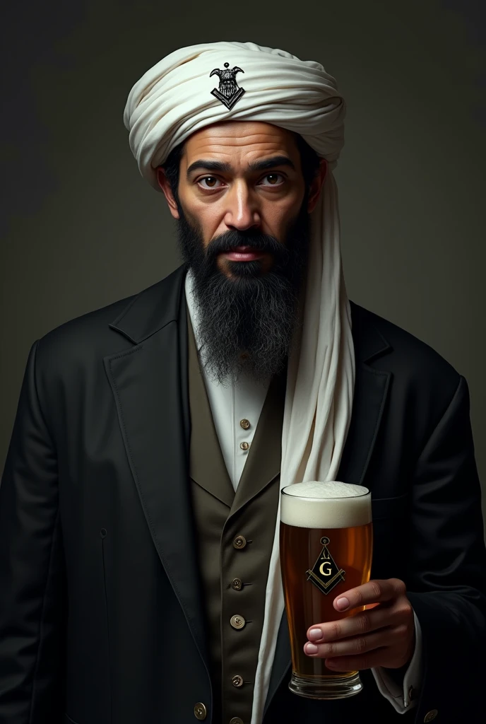Create Osama Bin Laden, with black jacket, black necktie, with the symbol of Freemasonry drawn on the tie, a black goat drawn on the white turban, smiling with a glass of beer in his hand.