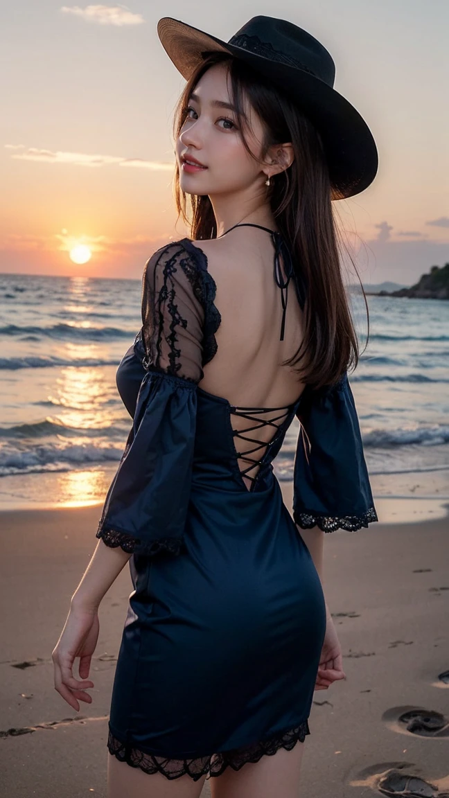 (((Sunset sinking into the sea:1.3))), ((At Patong Beach in Phuket)), ((Profile of a beautiful woman gazing at the sunset)), (Standing on the sandy beach shore lines:1.3), ((At dusk)), (masterpiece:1.3), light makeup, red lips, beautiful hair, Black hair, (Medium hair:1.3), elegant, soft lighting, Very fine details, masterworks, authentic texture, perfect work, (1 girl), (One Woman), 16k, high resolution, exquisite features, brown eyes, (Ultra-high resolution eye:1.1), Japanese idol, beautiful face, ((artists work)), (photorealism:1.2), (gentle smile like a goddess), attractive, well-shaped breasts, beautiful cleavage, shiny skin, smooth skin, BREAK, (Darkblue Lace-up square neck dress, half sleeves:1.3), BREAK, (Wide-brimmed Cowboy-hat), earrings, necklace, BREAK, Full-body, walking position, (walking along shore line), (Asking for a kiss:1.2), (lovely smile), shoot from below, back view,