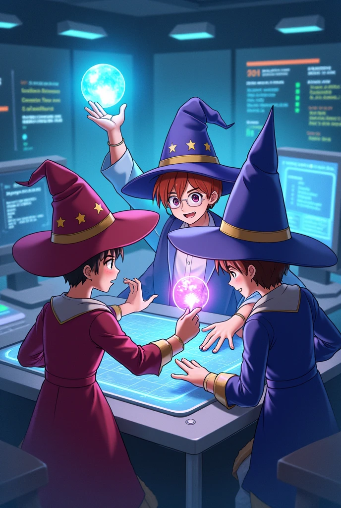 A wizard group of animated boysa computer lab realistic animemation
