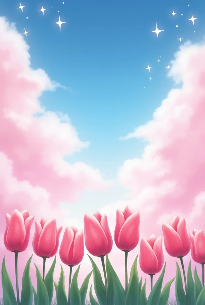 I want a row of pink 2d tulips having three petals as well as green leaves and dreamy pinkish clouds above it. Also add four handed stars with a blue sky. Make clouds as dreamy as anime and the tulips lighter. sky will be sky blue.
