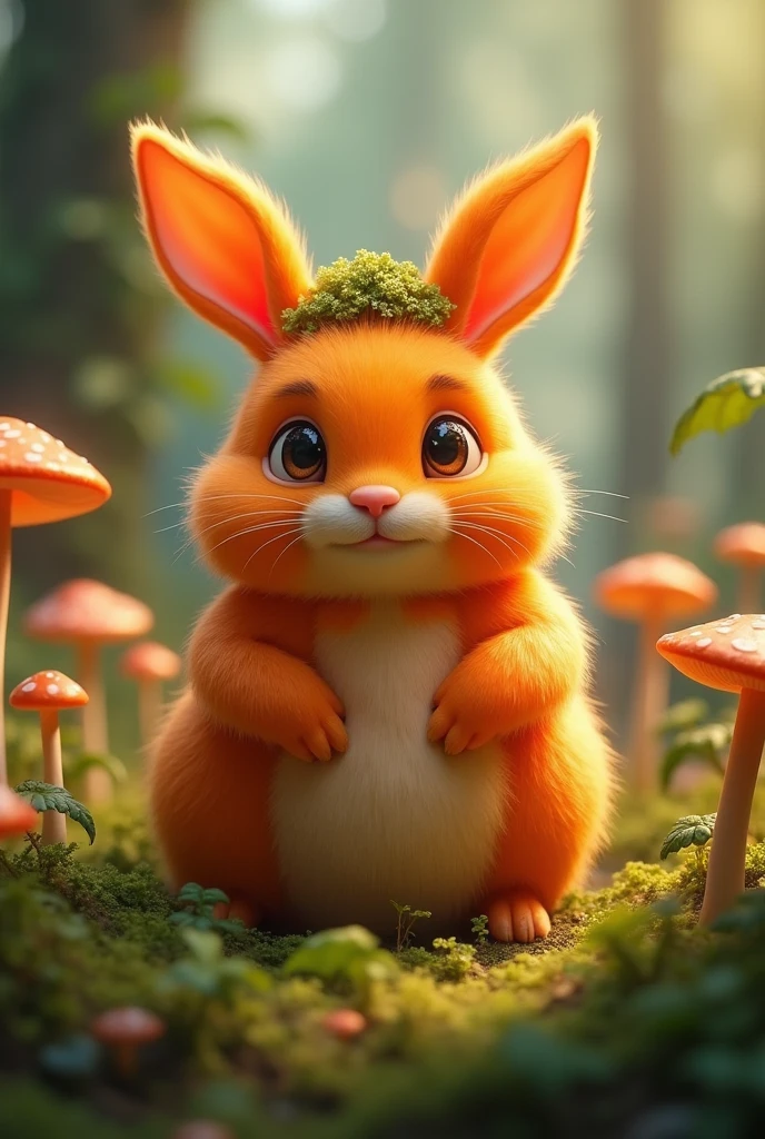 adorable creature,Similar to a mixture of rabbit and carrot, Adorable, Cute, Furry, Fluffy, forest, Mushrooms, Wear a mushroom hat