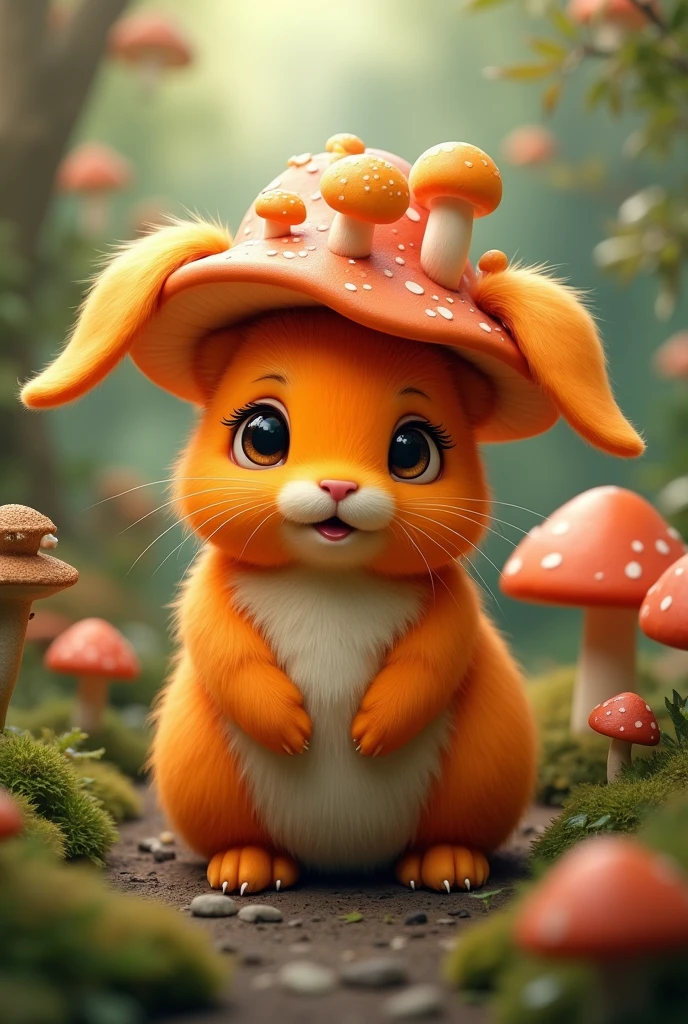 adorable creature,Similar to a mixture of rabbit and carrot, Adorable, Cute, Furry, Fluffy, forest, Mushrooms, Wear a mushroom hat