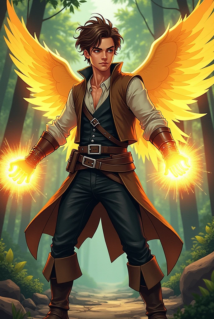 Painel de HQ da DC Comics: A young man with fair skin, with dark brown eyes and brown-blond hair. He wears pirate clothes: dark vest, white  shirt, brown coat with beige details, dark pants with zippers and brown boots with silver details. He wears black belts around his waist and a black sash to hold his sword.. It has a large golden fairy wing on its back. he's in a forest. A golden glimmer magic is in your hands as an attack.