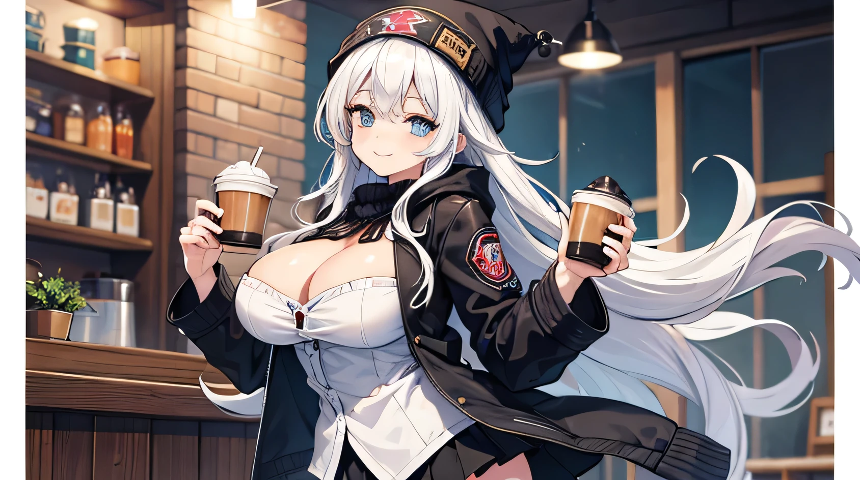 masterpiece, high quality, A pretty woman, Long hair, wavy hair, White hair, blue eyes, smiling face, big breasts, juicy breasts, Open shirt, short skirt, black jacket, black beanie hat, background of a coffee shop