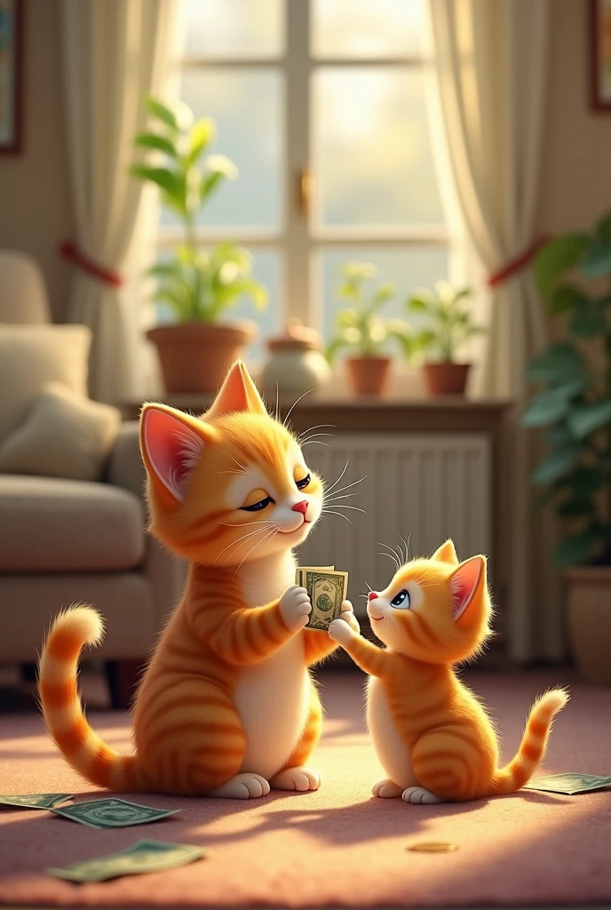 Mother cat gives kitten money at home.