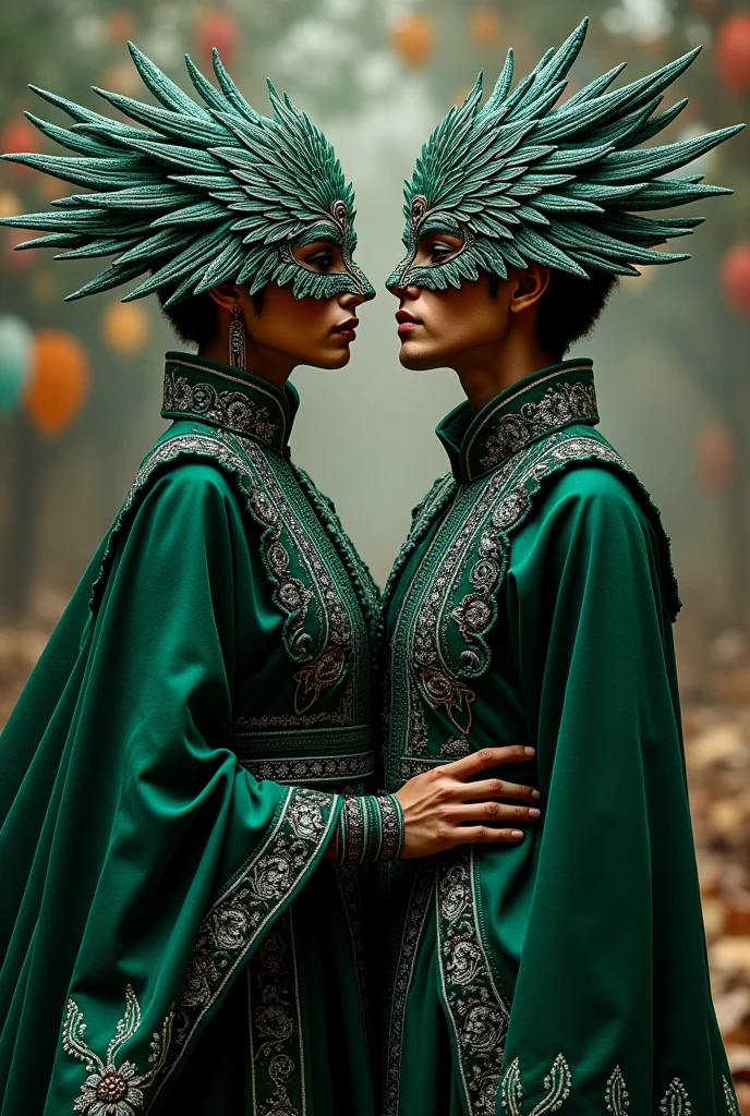 Generate an image of Generate an image of a man and woman&#39;s caporal costume with the phoenix in black, green and silver. Caporal in Caporal costume Caporal costume Caporal dance