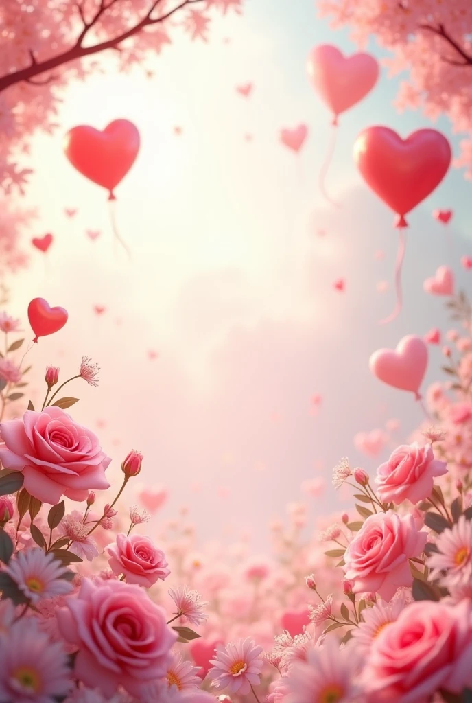 3d romantic background with hearts and roses,ballons,love,chats and with no one,hd,1024×572px,landscape mode image