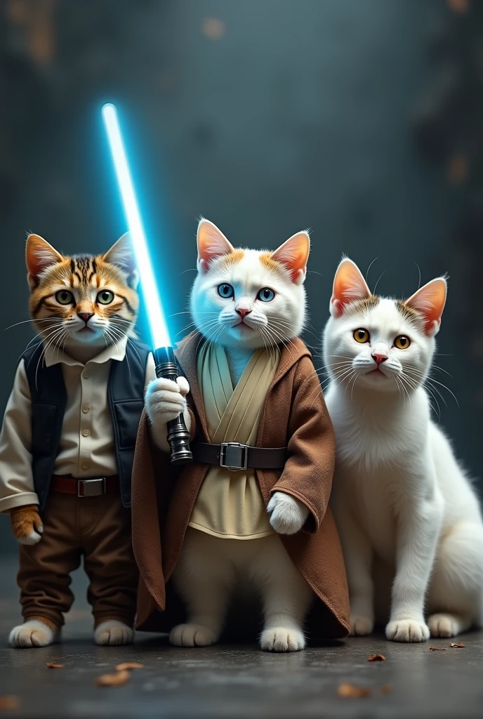 A white cat dressed as Luke from Star Wars、Calico cat dressed as Han Solo、White cat dressed as Princess Leia.dramatic,4K