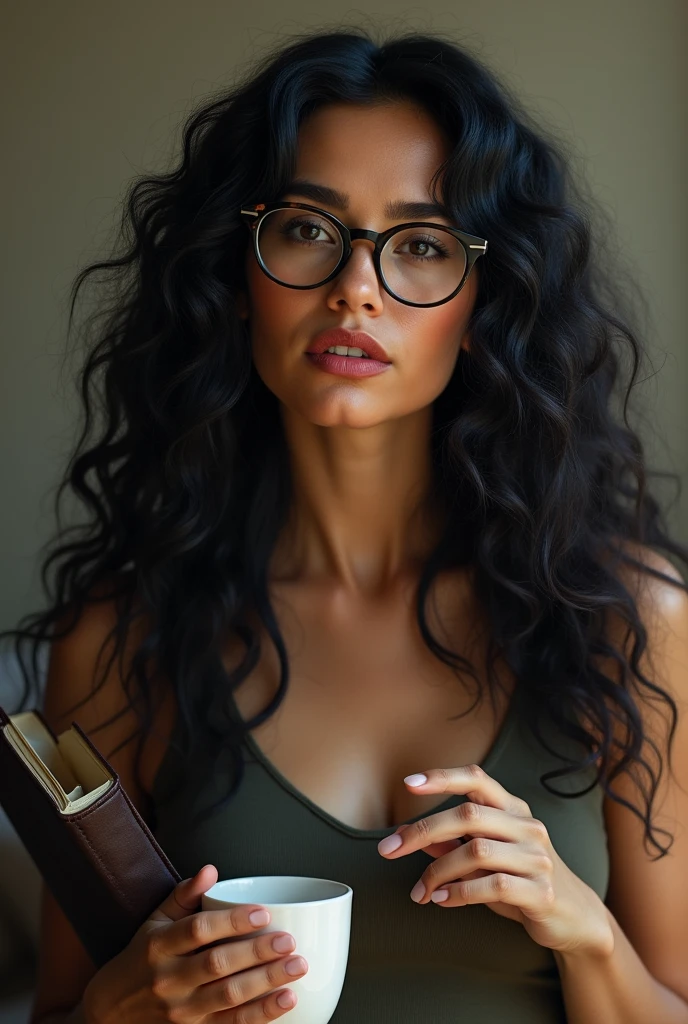 Long hair woman , cacheado blackw, rounded face, prominent cheeks,
lips enlarged in red color, lightbrown eyes, wearing prescription glasses, blackw, holding a book and a cup of coffee