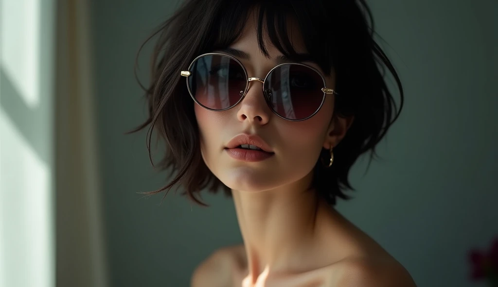 shot in Iphone 14 russian egirl makeup gorgeous young pale white skin, short colorful dark hair, erotic, teasing, faint smile, creative clothes, round sunglasses, sexy cleavage